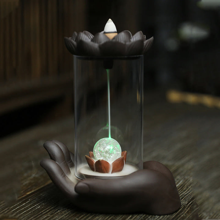 Buddha Stones Buddha Hand Lotus Enlightenment LED Light Purple Clay Ceramic Incense Burner Decoration - image 11