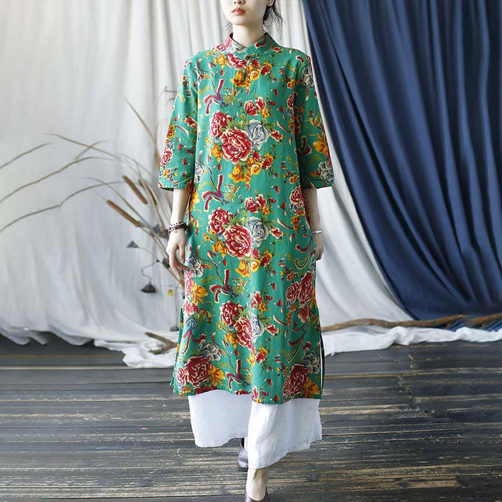 Buddha Stones Red Blue Peony Midi Dress Half Sleeve Cotton Linen Dress Wide Leg Pants With Pockets