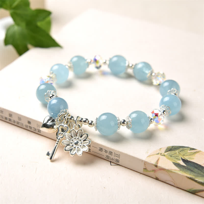 925 Sterling Silver Natural Aquamarine Serenity Flower Love Key Charm Bracelet - image 6