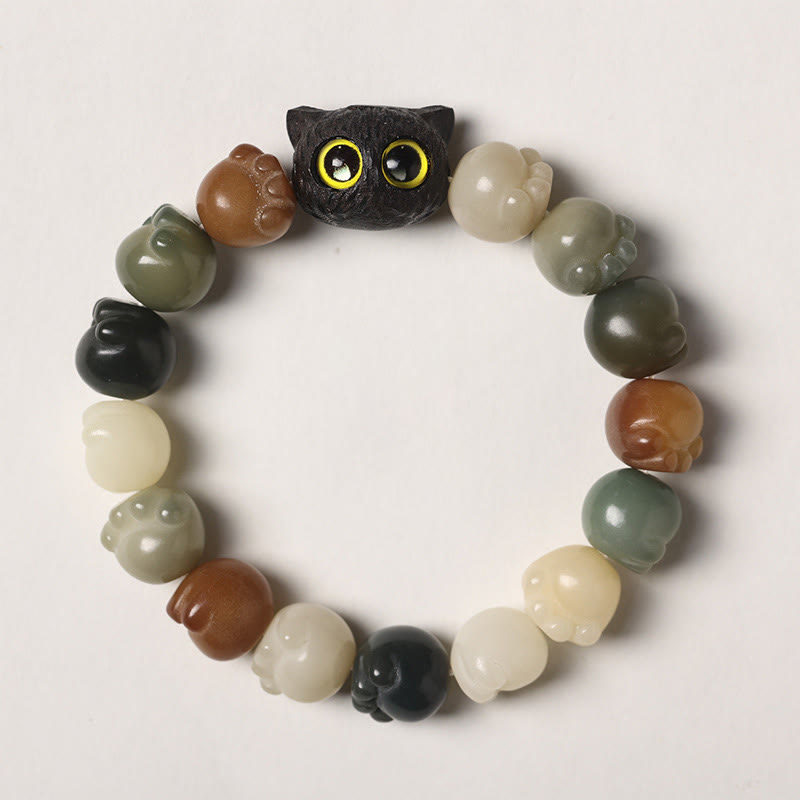 Buddha Stones Natural Bodhi Seed Lovely Paw Ebony Wood Lucky Cat Wisdom Bracelet - Multicolored Bodhi Seed - Simple Version(Wrist Circumference 14-15cm) - image 1