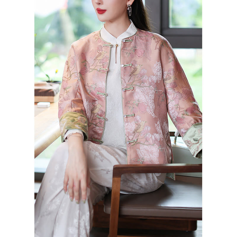 Buddha Stones Flower Embroidery Frog-Button Tang Suit Design Open Front Jacket