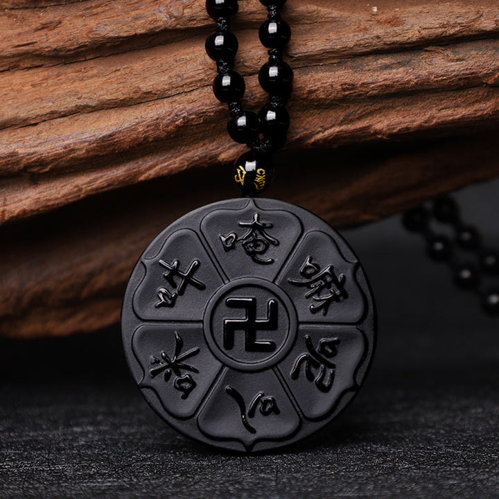 Buddha Stones Natural Black Obsidian Tibetan Om Mani Padme Hum Buddha Swastika Luck Necklace Pendant