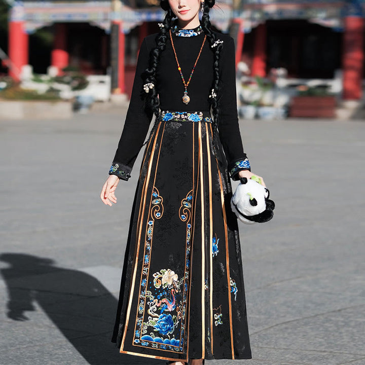 Buddha Stones Long Sleeve T-Shirt Top Tee Chinese Hanfu Embroidery Colorful Peony Flowers Horse Face Skirt Mamianqun