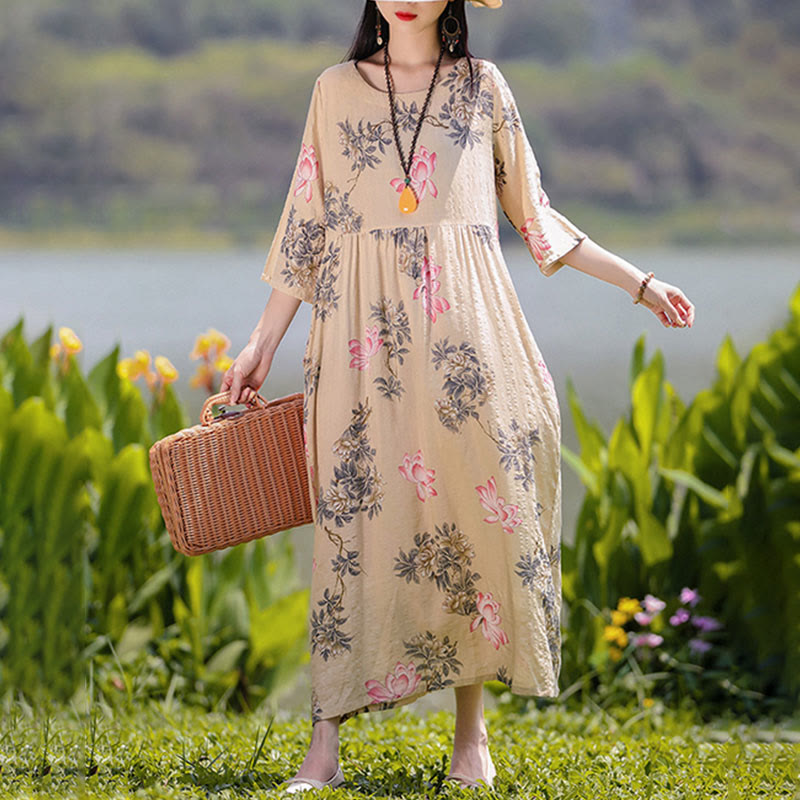 Buddha Stones Flowers Print Midi Dress Cotton Linen Tunic Dress With Pockets