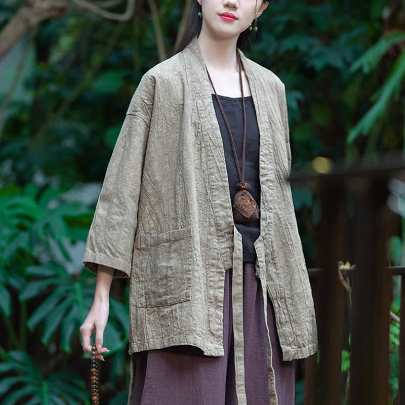 Buddha Stones Hanfu Design Three Quarter Sleeve Ramie Linen Coat Open Front Top Jacket