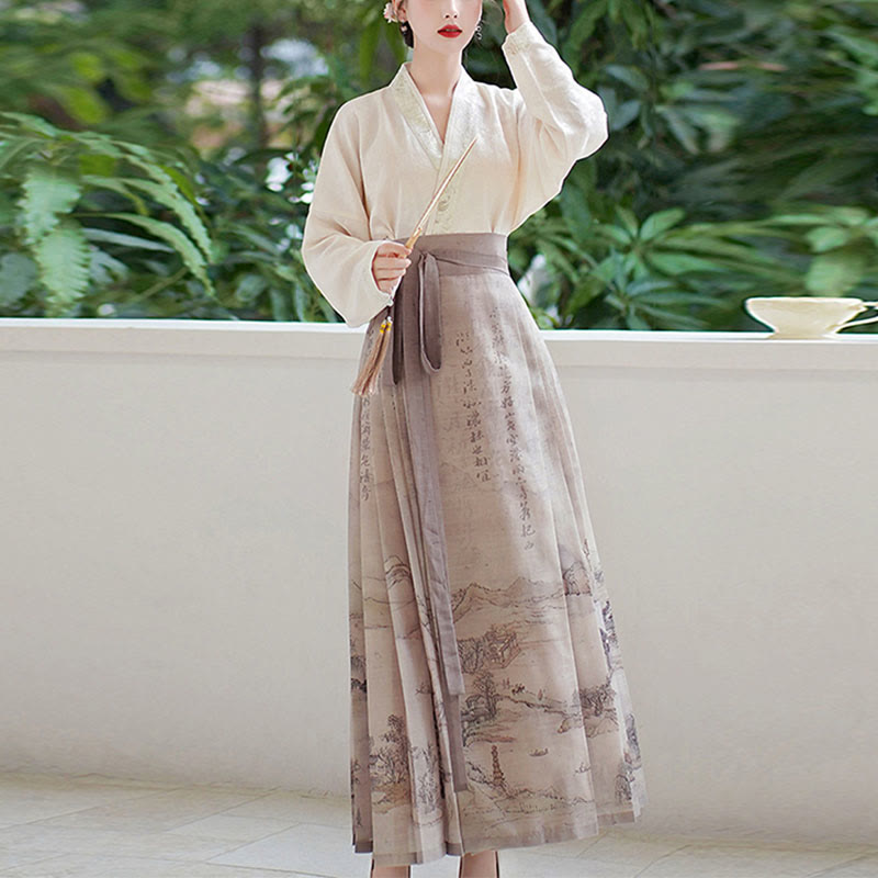 Buddha Stones V-Neck Long Sleeve Shirt Top Chinese Hanfu Ink Printing Landscape-Printed Horse Face Skirt Mamianqun