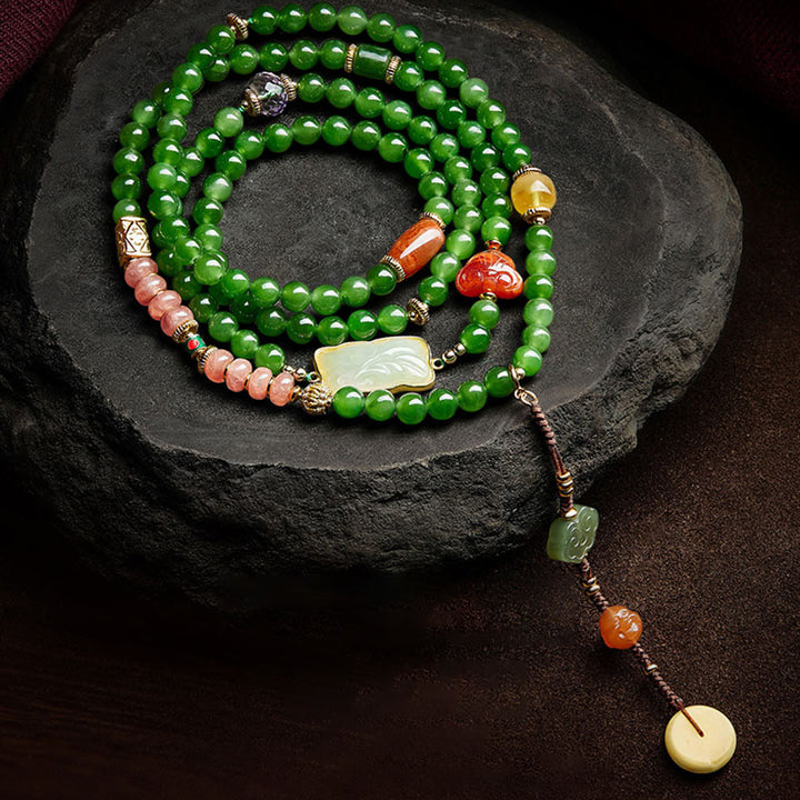 Buddha Stones 108 Mala Beads Cyan Jade Red Agate Laughing Buddha Luck Bracelet - Cyan Jade (Success ♥ Healing) - image 0