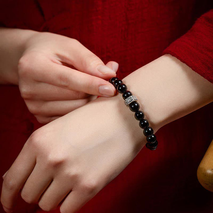 Chinese Zodiac Natal Buddha 925 Sterling Silver Black Obsidian Moonstone Strength Bracelet - image 4