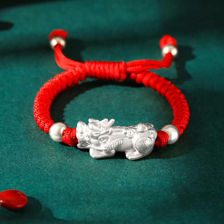 Buddha Stones 999 Sterling Silver PiXiu Wealth King Kong Knot String Braided Kids Child Bracelet - 999 Sterling Silver PiXiu - Red Rope(Bracelet Size 12+4cm) - image 12
