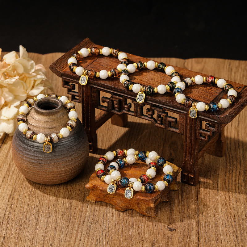 Buddha Stones Tibetan Zakiram Goddess of Wealth Charm Liuli Glass Incense Ash Porcelain Bead Protection Bracelet - image 1