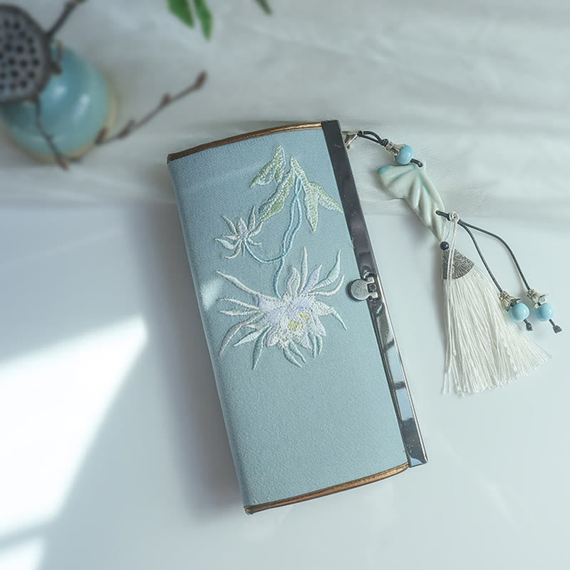 Flower Plum Peach Blossom Bamboo Double-sided Embroidery Large Capacity Cash Holder Wallet Shopping Purse - Green Epiphyllum Flower - image 1