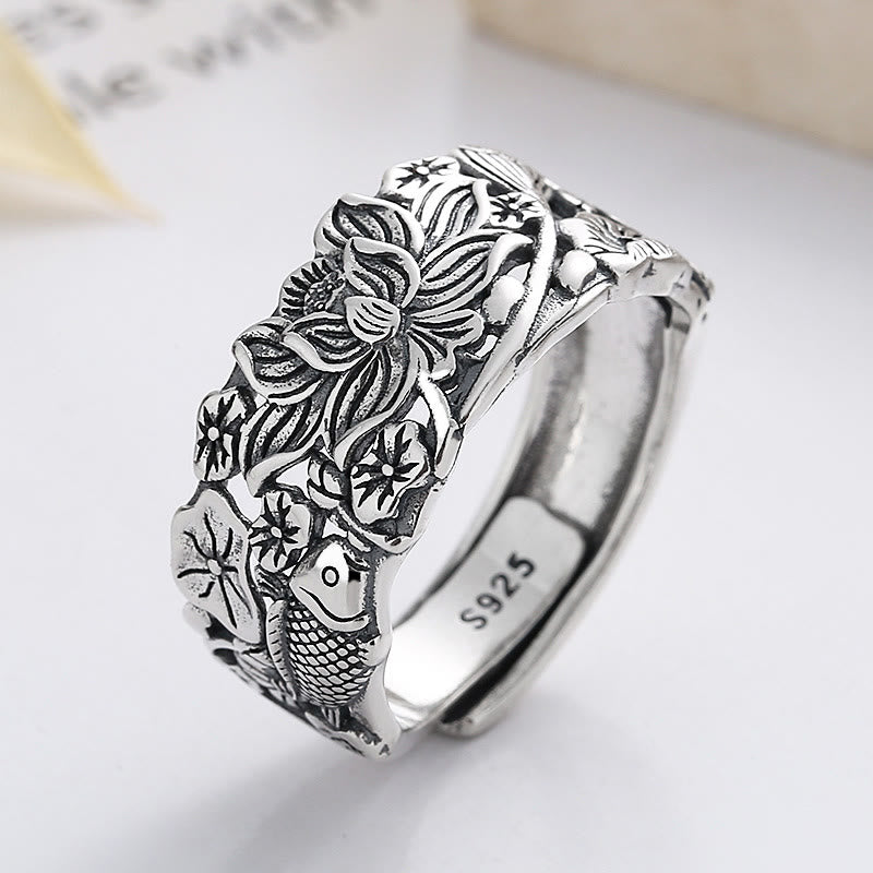 Buddha Stones 925 Sterling Silver Koi Fish Lotus Flower Prosperity Ring