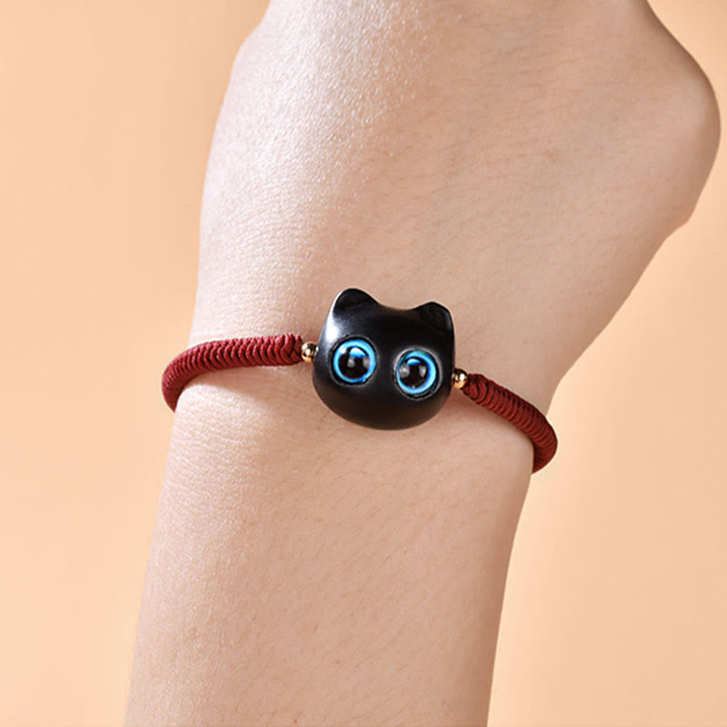 Buddha Stones Ebony Wood Cat Head Pattern Peace King Kong Knot Braided Bracelet - image 8