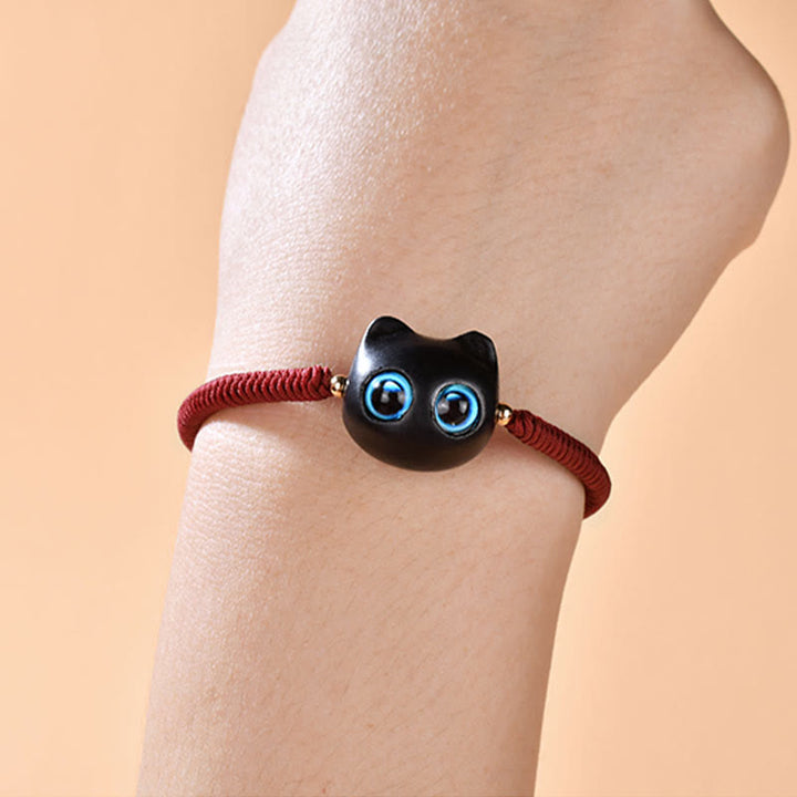 Buddha Stones Ebony Wood Cat Head Pattern Peace King Kong Knot Braided Bracelet - image 8