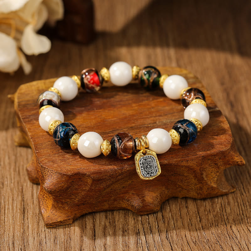 Buddha Stones Tibetan Zakiram Goddess of Wealth Charm Liuli Glass Incense Ash Porcelain Bead Protection Bracelet - White Porcelain - Multicolored Liuli Glass Bead - image 4