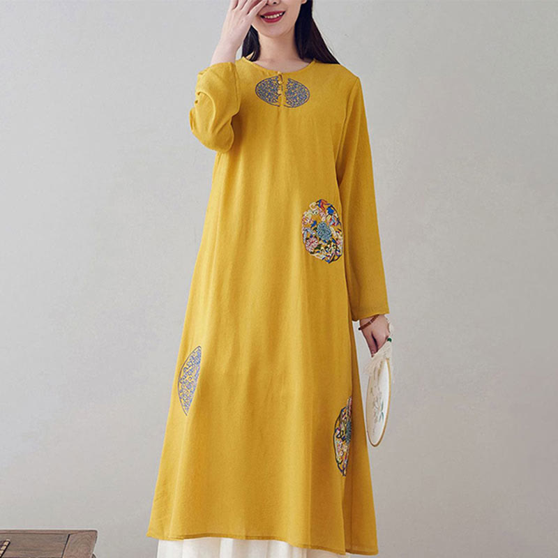 Buddha Stones Embroidery Long Sleeve Midi Dress Meditation Spiritual Zen Practice