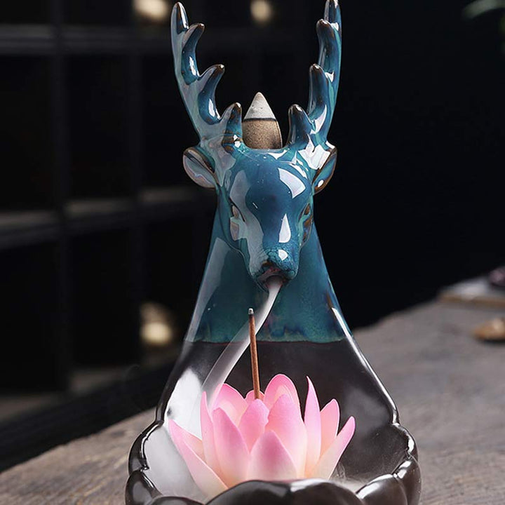 Buddha Stones Little Deer Ceramic Lotus Meditation Incense Burner Decoration - image 2