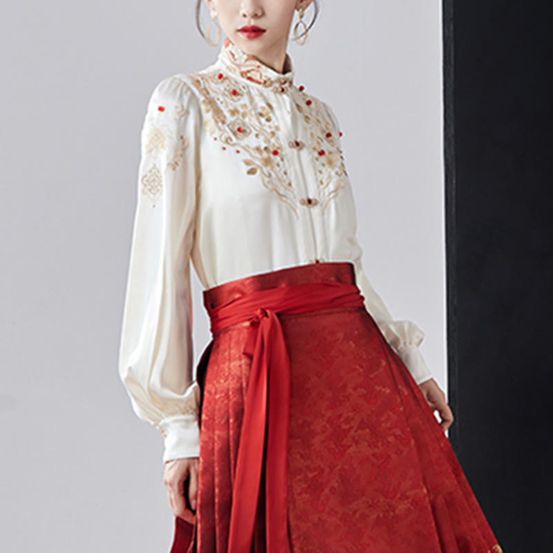 Buddha Stones Flowers Leaves Feathers Long Sleeve Shirt Top Chinese Hanfu Ming Dynasty Horse Face Skirt Mamianqun Skirt