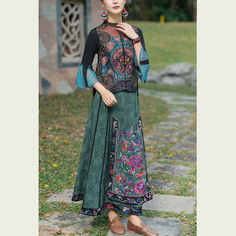 Buddha Stones Vintage Style Embroidery Flower Tang Suit Design Sleeveless Vest