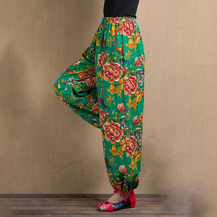 Buddha Stones Ethnic Style Red Green Flowers Print Harem Pants With Pockets