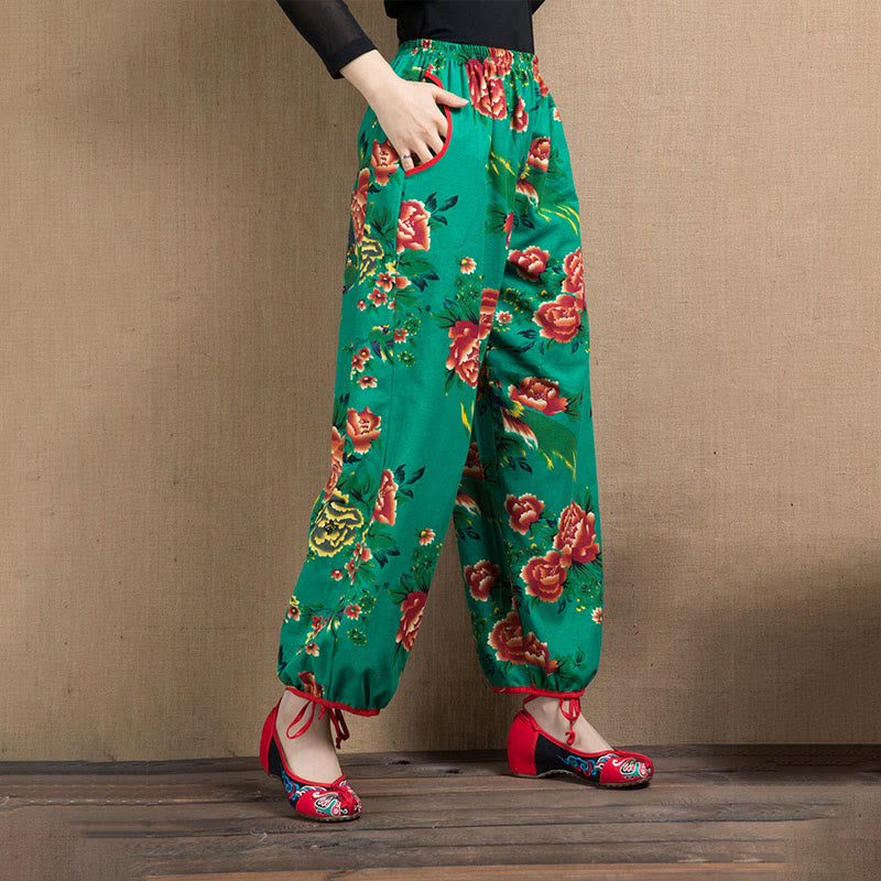 Buddha Stones Ethnic Style Red Green Flowers Print Harem Pants With Pockets