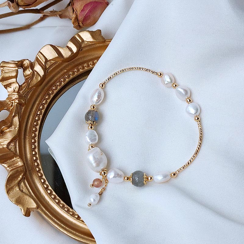 Buddha Stones Pearl Moonstone Strawberry Quartz Bead Optimism Bracelet - image 2