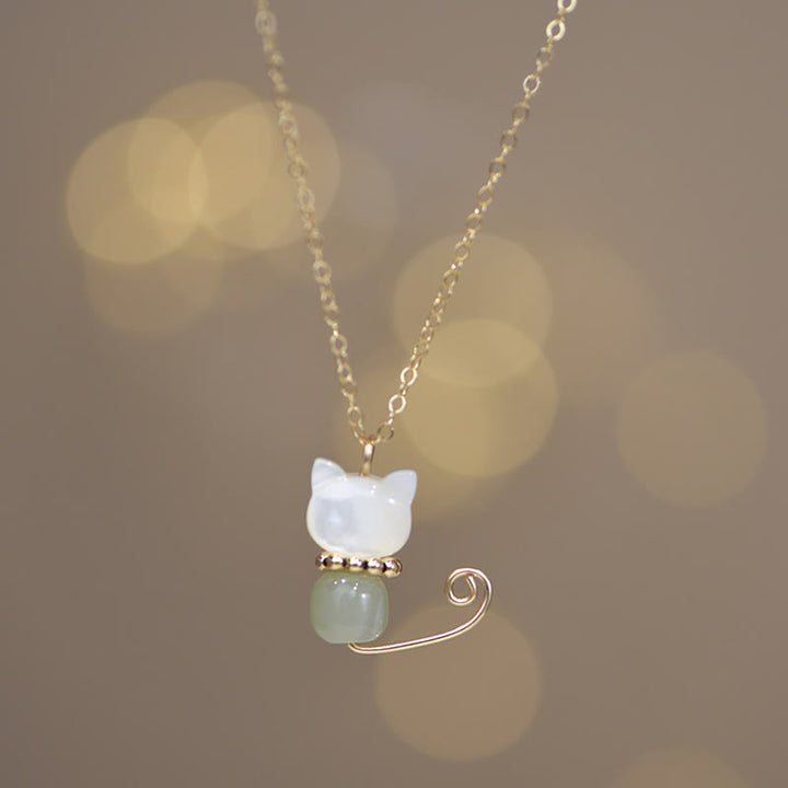 Buddha Stones 14K Gold Plated Pearl Hetian Jade Shell Luck Cat Kitten Necklace Pendant - image 6