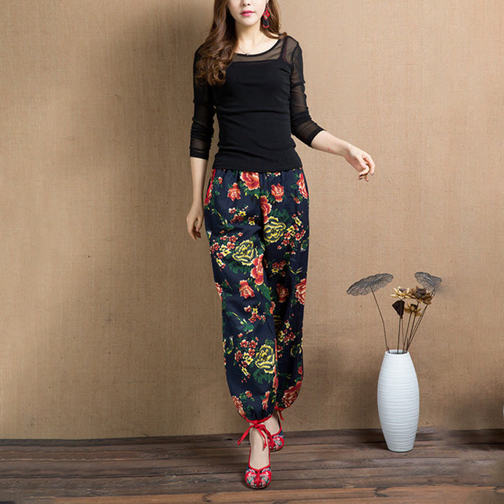 Buddha Stones Ethnic Style Red Green Flowers Print Harem Pants With Pockets