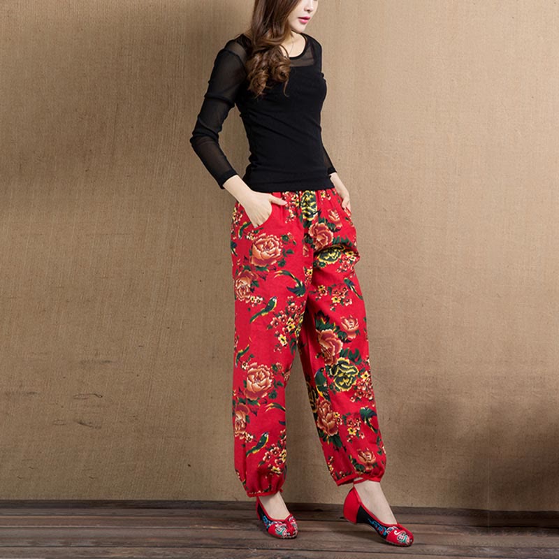 Buddha Stones Ethnic Style Red Green Flowers Print Harem Pants With Pockets