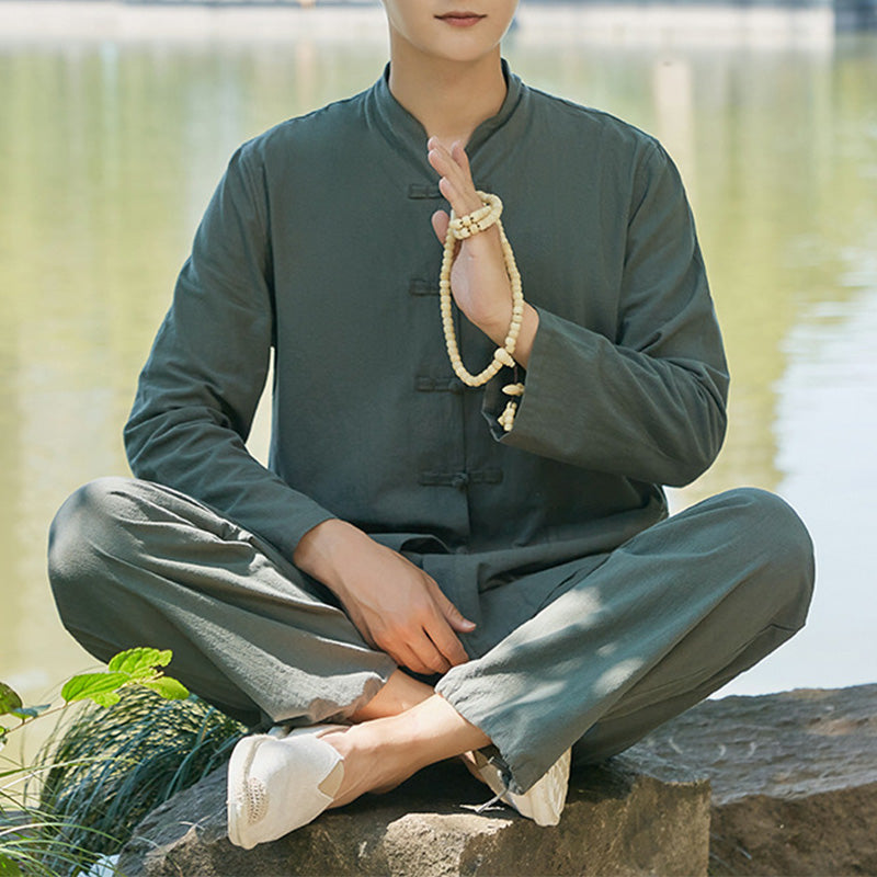 Spiritual Zen Practice Yoga Meditation Prayer Clothing Cotton Linen Men's Set - Dark Green - US/UK/AU48，EU58 (6XL) - image 0