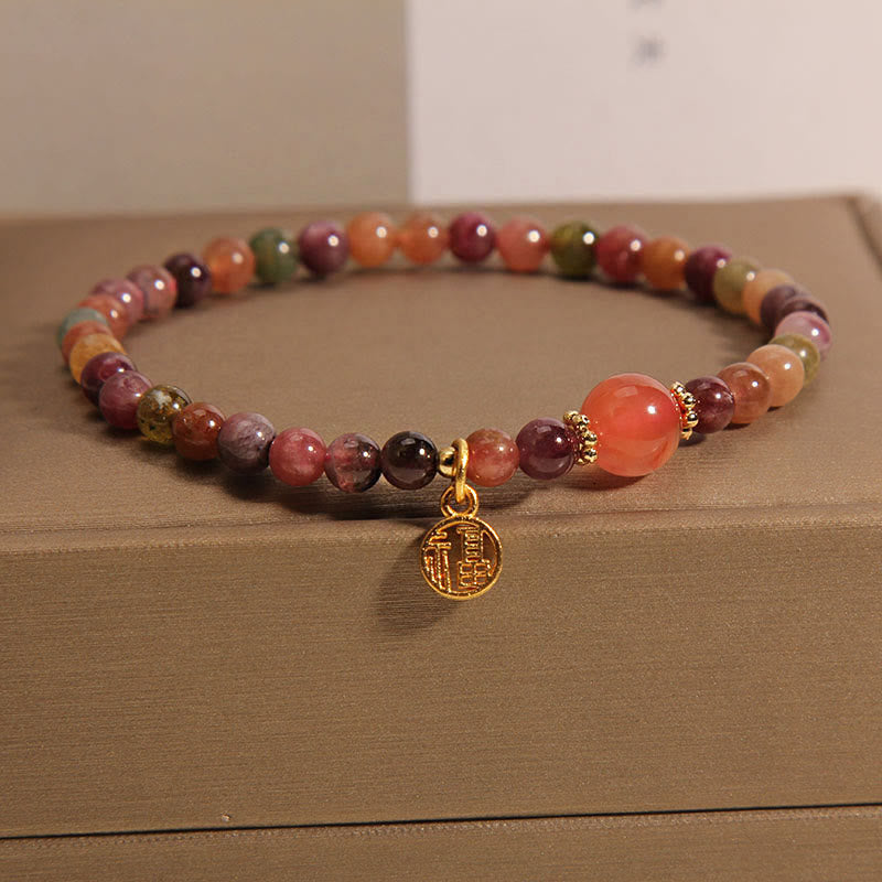 Buddha Stones Natural Colorful Tourmaline Fu Character Love Bracelet