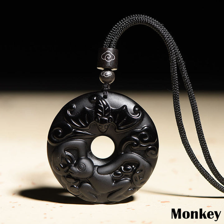 Buddha Stones Chinese Zodiac Natural Black Obsidian Peace Buckle Strength Necklace Pendant - Monkey - image 20