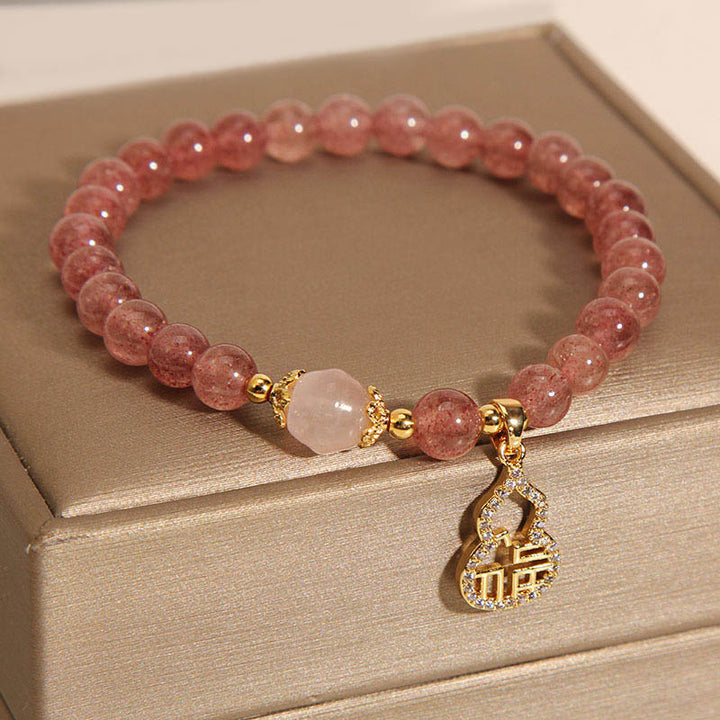 Buddha Stones Strawberry Quartz Gourd Fu Character Charm Positive Bracelet