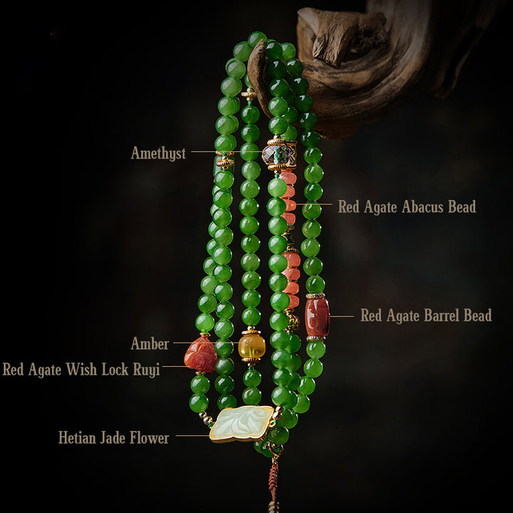 Buddha Stones 108 Mala Beads Cyan Jade Red Agate Laughing Buddha Luck Bracelet - image 9