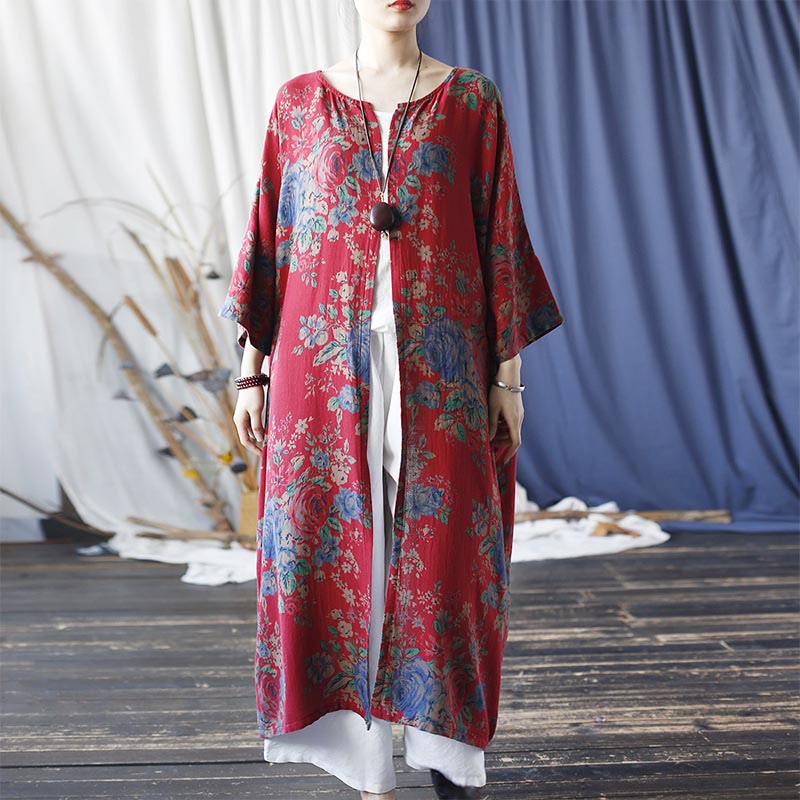 Buddha Stones Red Blue Flowers Print Cotton Three Quarter Sleeve Open Front Jacket Coat