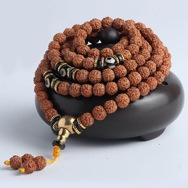 Buddha Stones 108 Mala Beads Rudraksha Bodhi Seed Dzi Bead Luck Wealth Bracelet