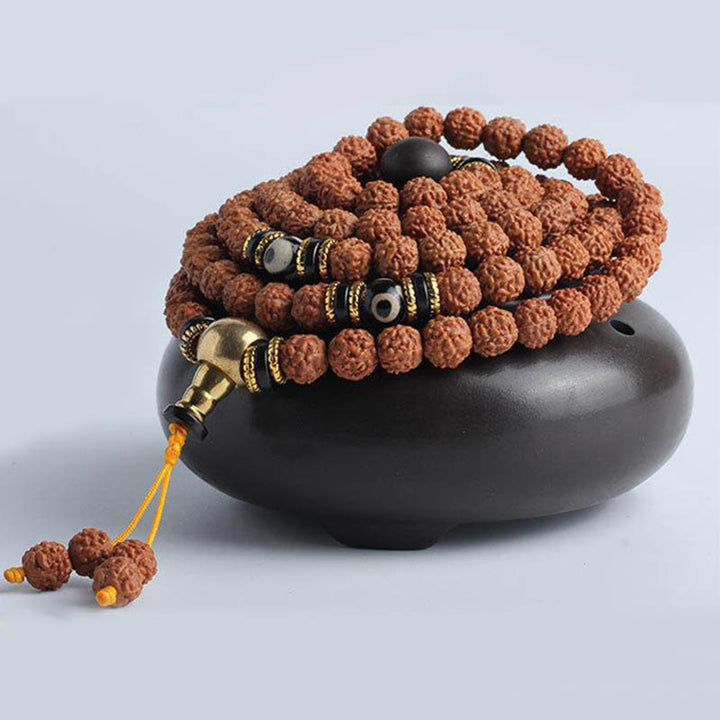 Buddha Stones 108 Mala Beads Rudraksha Bodhi Seed Dzi Bead Luck Wealth Bracelet