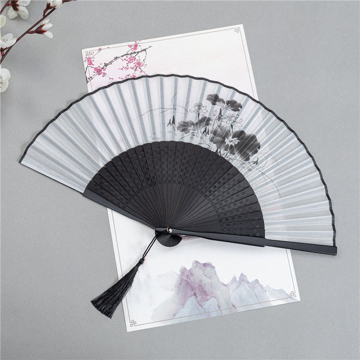 Buddha Stones Mountains Plum Blossom Lotus Magpie Bamboo Leaves Handheld Silk Bamboo Folding Fan 22.5cm