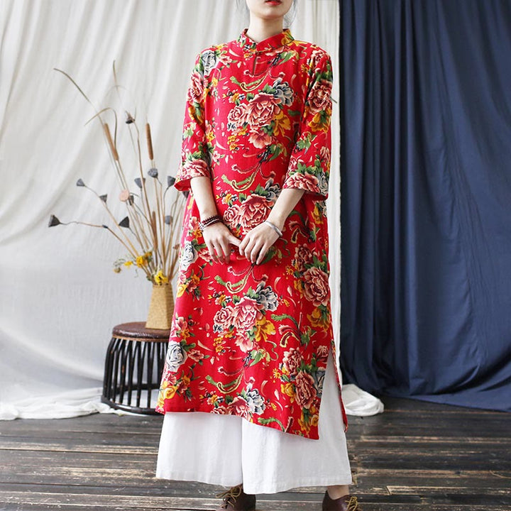 Buddha Stones Red Blue Peony Midi Dress Half Sleeve Cotton Linen Dress Wide Leg Pants With Pockets