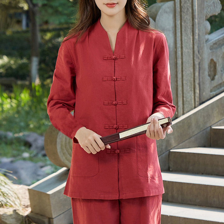 Spiritual Zen Practice Yoga Meditation Prayer Uniform Cotton Linen Clothing Women's Set - Red - US18，UK/AU22，EU50 (6XL) - image 9