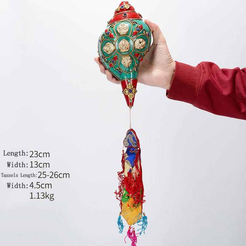 Tibetan Handmade Shankha Om Mani Padme Hum Buddha Avalokitesvara Turquoise Conch Shell Positive Decoration - Lotus-Buddha 23*13cm - image 24