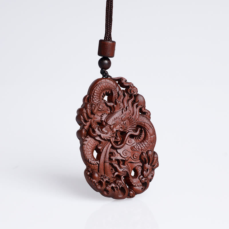 Buddha Stones Lightning Struck Jujube Wood Double Dragon Relief Ward Off Evil Spirits Necklace Pendant