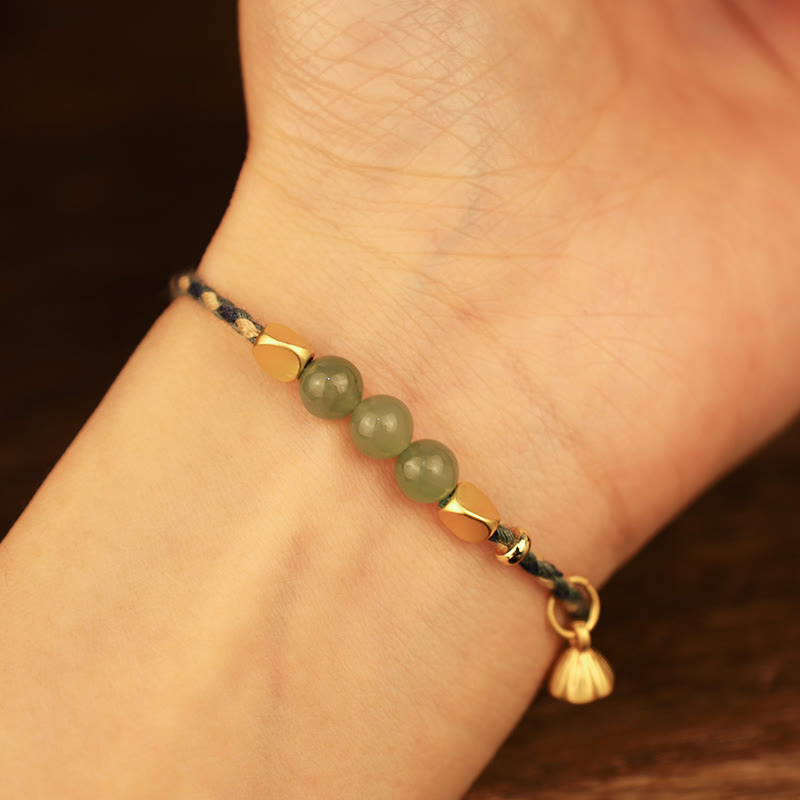 Buddha Stones Handcrafted Hetian Jade Lotus Charm Luck Braided Bracelet