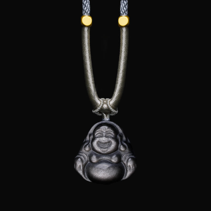 Buddha Stones Natural Silver Sheen Obsidian Laughing Buddha Protection Necklace Pendant - Laughing Buddha Light Gray Necklace - image 1