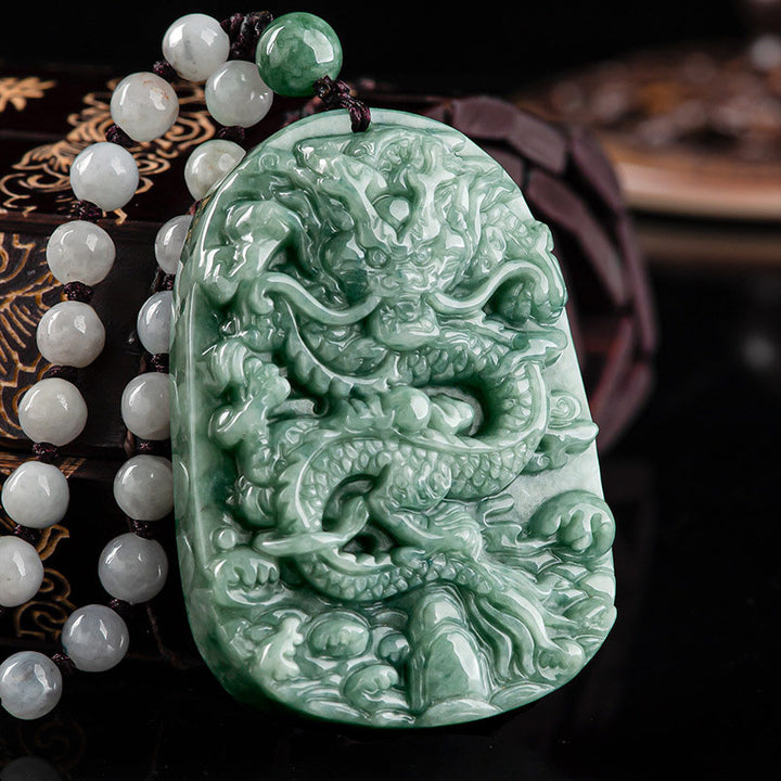 Buddha Stones Chinese Zodiac Dragon Jade Prosperity Necklace Bead String Pendant