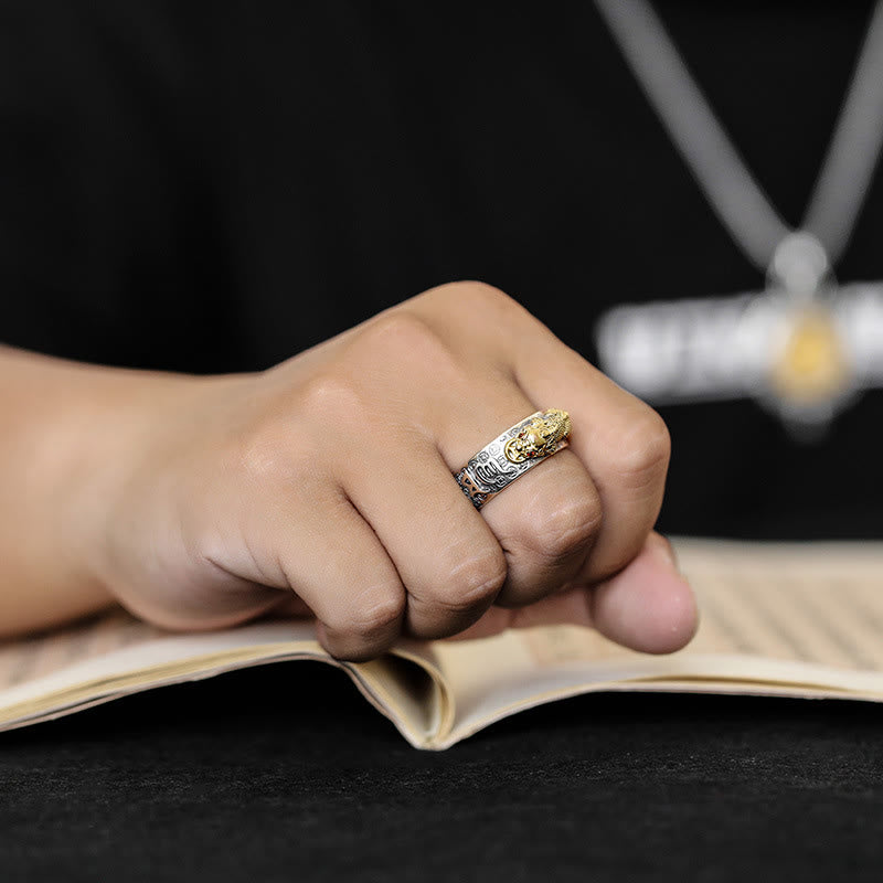 Buddha Stones Tibetan 990 Sterling Silver Om Mani Padme Hum PiXiu Dorje Vajra Heart Sutra Engraved Wealth Ring - image 3