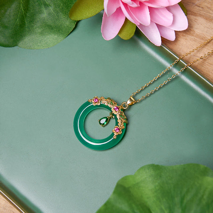 Buddha Stones Green Chalcedony Peace Buckle Design Strength Necklace Pendant