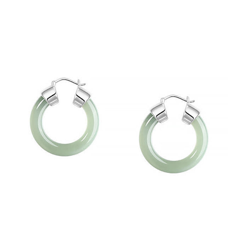 Buddha Stones Round Jade White Jade Prosperity Earrings - Green Jade Approx. 21mm - image 0