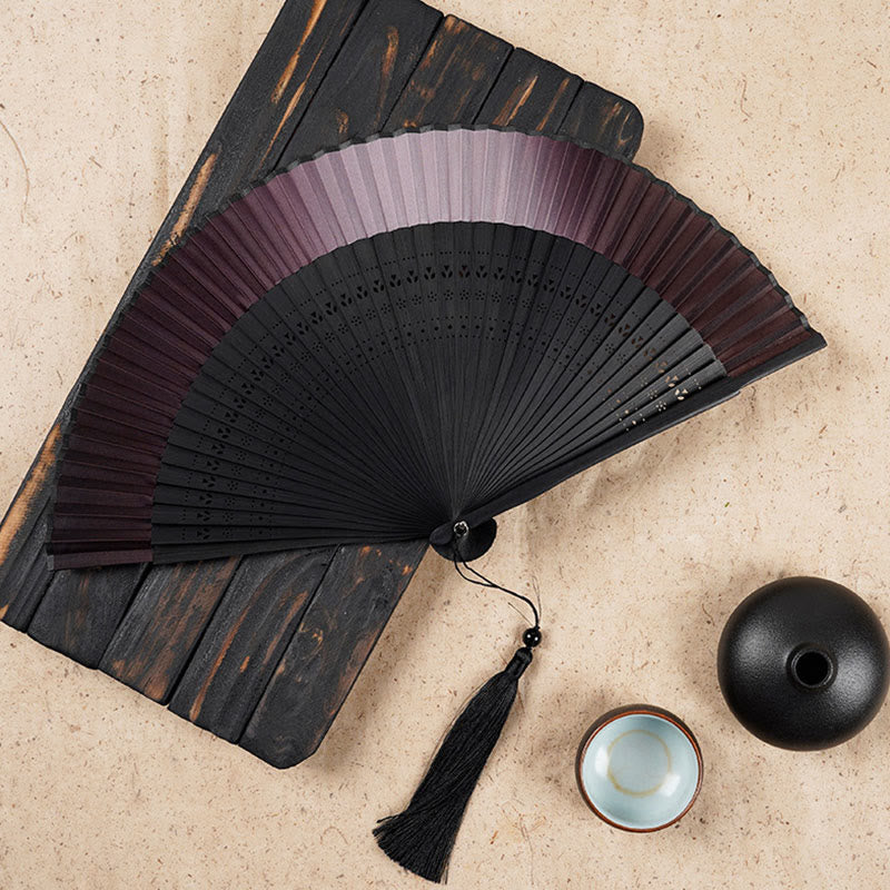 Buddha Stones Solid Color Gradient Hollow Engraved Handheld Bamboo Folding Fan