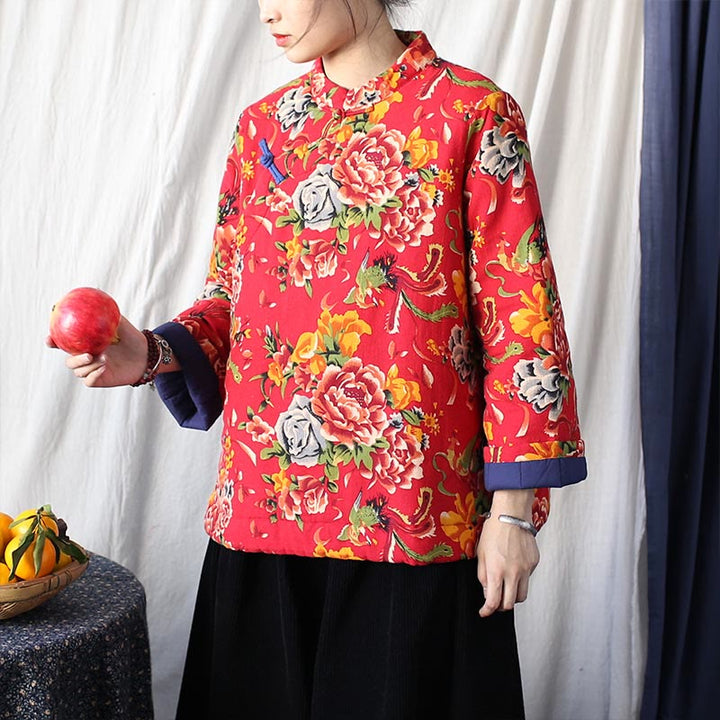 Buddha Stones Flowers Cotton Linen Jacket Shirt Chinese Northeast Style Winter Clothing